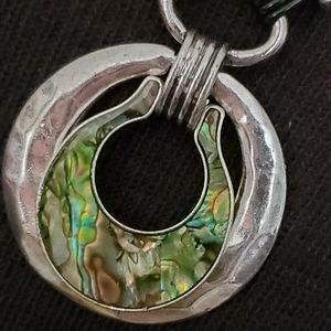 Silvertone abalone look circles pendant necklace on black cords adjustable
